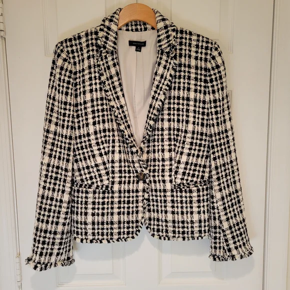 ANN TAYLOR TWEED Yellow Black and White Plaid Women's Blazer Sz 10 - Picture 3 of 15